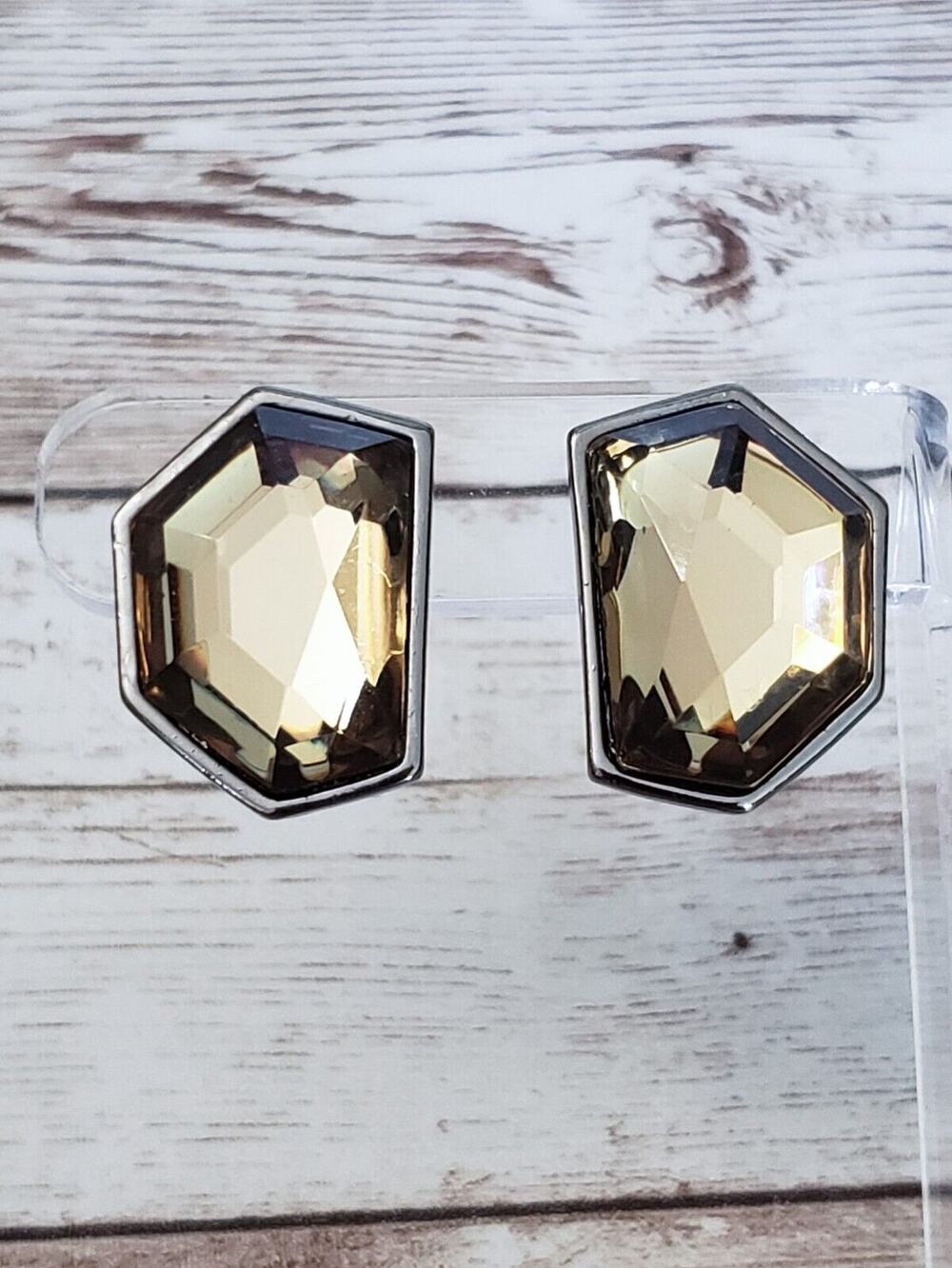 Vintage Clip On Earrings Unusual Shape Smokey Green Faceted Gem